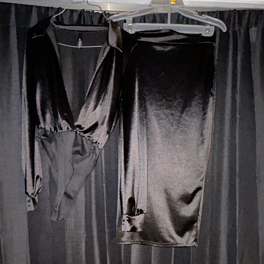 Sleek Black Satin Bodysuit and Skirt Set